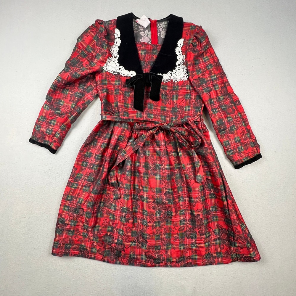 VTG Polly Flinders‎ Plaid Dress Girls 14 Red Velvet Lace Holiday Christmas